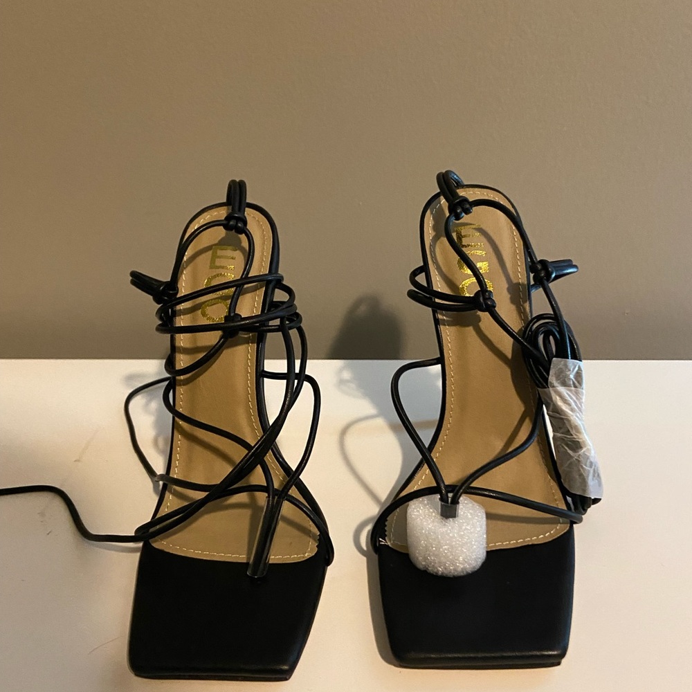 Black strap sandal heels